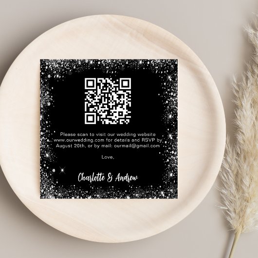 Zwart zilver glitter QR code bruiloft RSVP Informatiekaartje