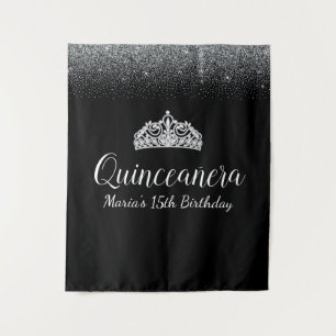 Zwart & Zilver Glitter Quinceanera Feest Achterg Wandkleed