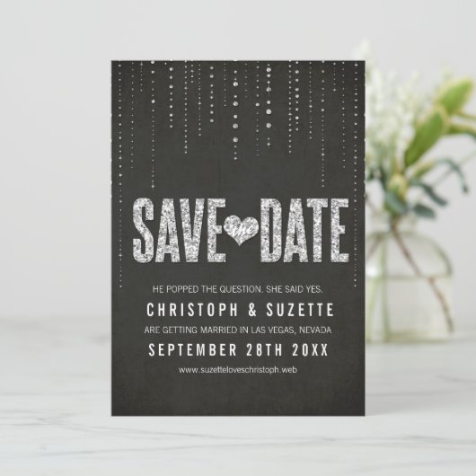 Zwart & Zilver Glitter Save The Date (Staand voorkant)