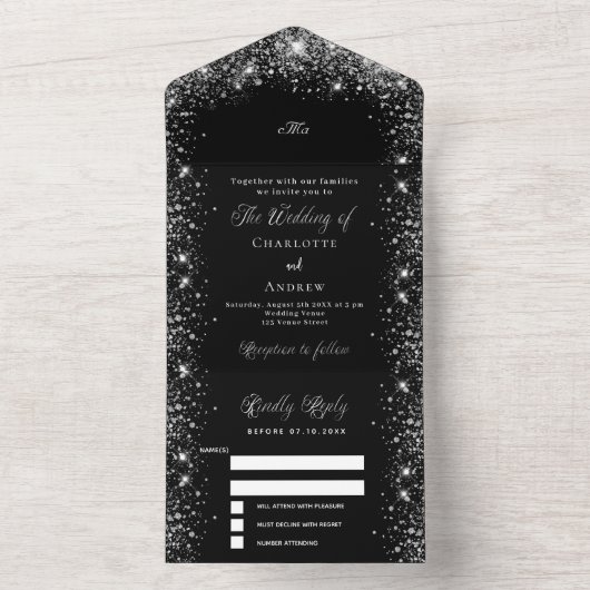 Zwart zilver glitter script bruiloft all in one uitnodiging (Binnen)