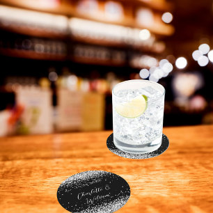 Zwart zilver glitter script bruiloft ronde kartonnen onderzetter