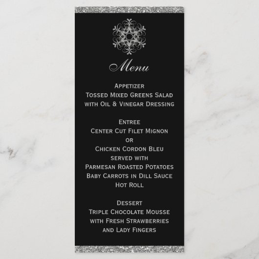 Zwart, Zilver Glitter Sneeuwvlokken Bruiloft Menu  (Achterkant)