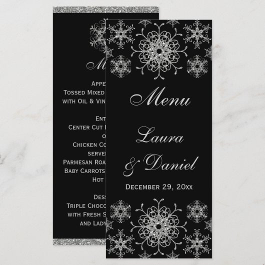 Zwart, Zilver Glitter Sneeuwvlokken Bruiloft Menu (Voorkant / Achterkant)
