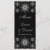 Zwart, Zilver Glitter Sneeuwvlokken Bruiloft Menu (Voorkant)