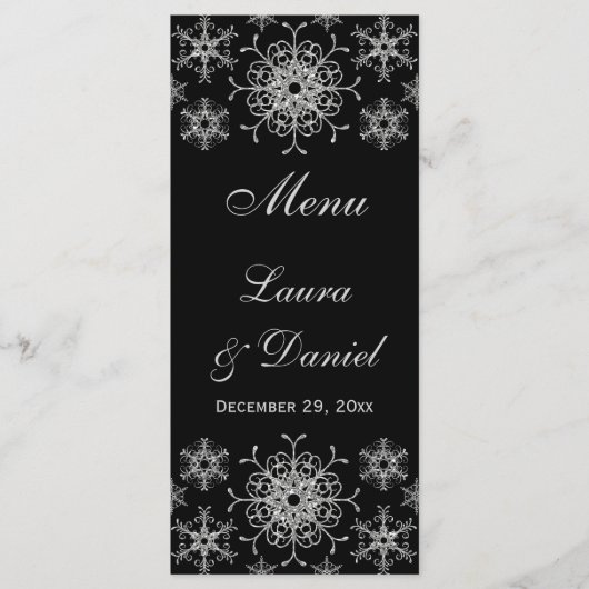 Zwart, Zilver Glitter Sneeuwvlokken Bruiloft Menu  (Voorkant)