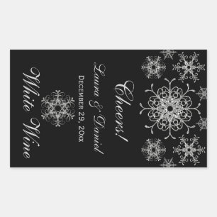 Zwart Zilver Glitter Sneeuwvlokken Wijnlabel Stick Rechthoekige Sticker