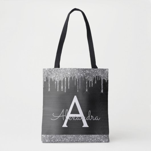 Zwart Zilver Glitter Sparkle Elegant Monogram Tote Bag (Voorkant)