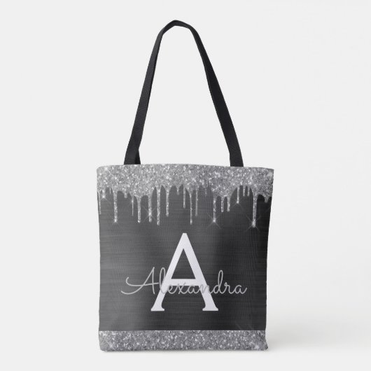 Zwart Zilver Glitter Sparkle Elegant Monogram Tote Bag (Achterkant)
