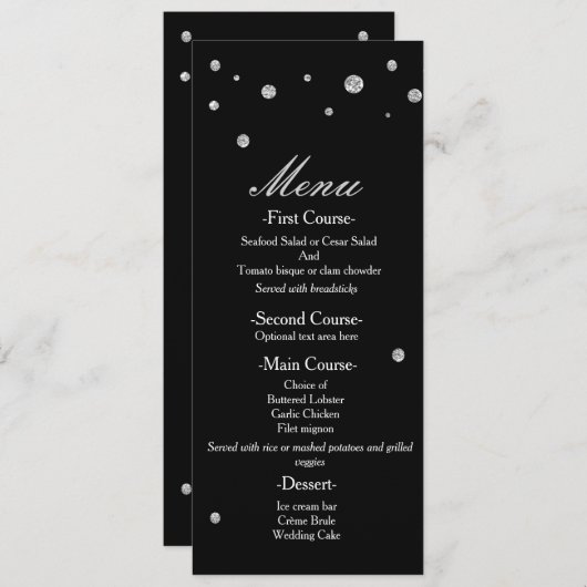 Zwart & Zilver Glitter Stippen Elegant Bruiloft Me Menu (Voorkant / Achterkant)