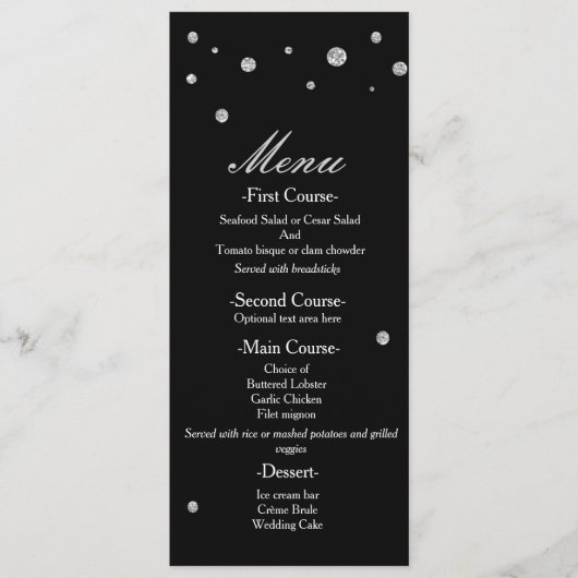 Zwart & Zilver Glitter Stippen Elegant Trouwmenu Menu (Voorkant)
