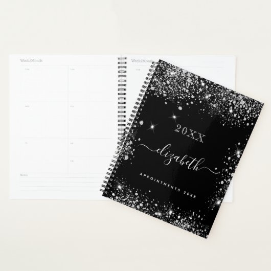 Zwart zilver glitter stof monogram 2026 planner (Display)