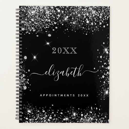 Zwart zilver glitter stof monogram 2026 planner (Voorkant)
