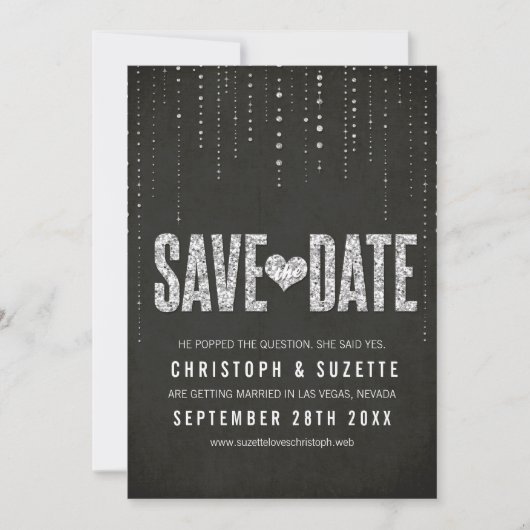 Zwart & Zilver Glitter Vormgeving Save The Date (Voorkant)