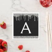 Zwart Zilver Glitter Zwart Monogram Verjaardag Servet (Insitu)