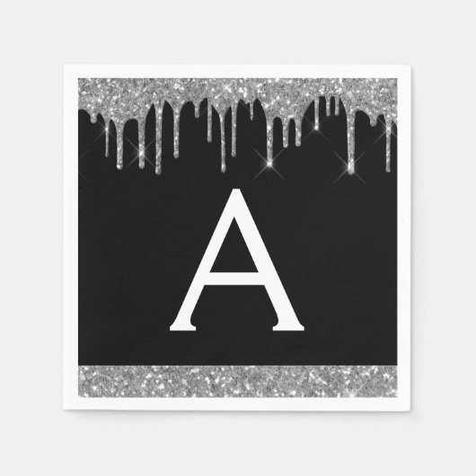 Zwart Zilver Glitter Zwart Monogram Verjaardag Servet (Voorkant)