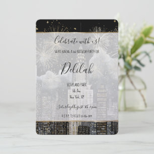 Zwart Zilver Goud Glam Vuurwerk Stad Verjaardag Kaart
