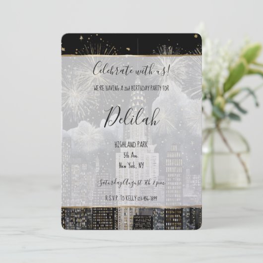 Zwart Zilver Goud Glam Vuurwerk Stad Verjaardag Kaart (Staand voorkant)