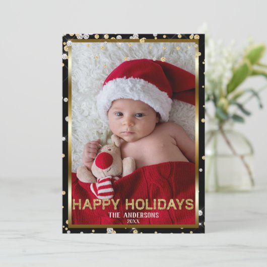 Zwart Zilver & Goud Glitter Moderne vakantiefoto Feestdagenkaart (Staand voorkant)