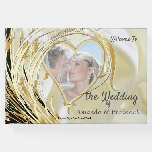 Zwart-zilver & goud-satijn, koper/messing texturen gastenboek (Voorkant)