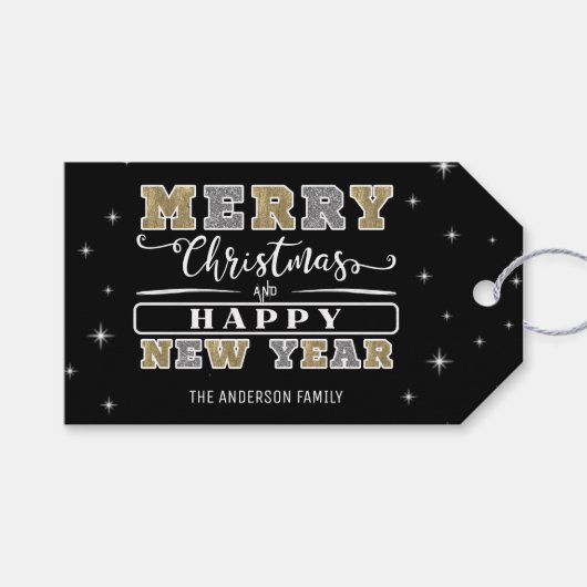 Zwart Zilver & Goud Vrolijk Kerstfeest Gelukkig Ni Cadeaulabel (Voorkant (Horizontaal))