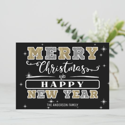 Zwart Zilver & Goud Vrolijk Kerstfeest Gelukkig Ni Feestdagenkaart (Staand voorkant)