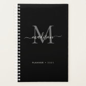 Zwart Zilver Grijs Girly Monogram Script Naam 2021 Planner (Voorkant)