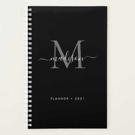 Zwart Zilver Grijs Girly Monogram Script Naam 2021 Planner (Voorkant)