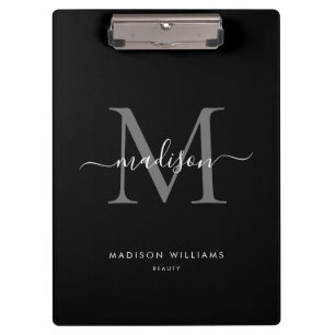 Zwart Zilver Grijs Monogram Elegant Script Naam Klembord