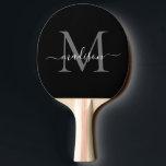 Zwart Zilver Grijs Monogram Elegant Script Naam Tafeltennisbatje<br><div class="desc">Modern zwart zilveren leisteen grijs monogram Elegant script naam Ping Pong Paddle</div>