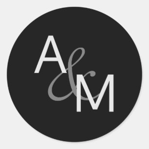 Zwart Zilver Grijs Monogram Envelop Afdichtingen Ronde Sticker