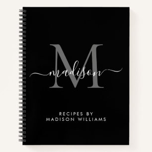 Zwart Zilver Grijs Monogram Script Naam Recept Notitieboek