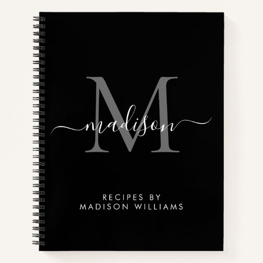 Zwart Zilver Grijs Monogram Script Naam Recept Notitieboek (Voorkant)