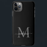 Zwart Zilver Grijs Monogram Vrouwelijk Script Naam iPhone 11Pro Max Hoesje<br><div class="desc">Moderne Girly Zwart Zilver Grijs Monogram Vrouwelijk Script Naam Telefoonhoes</div>