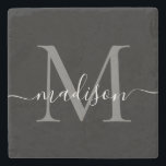 Zwart Zilver Grijs Monogram Vrouwelijk Script Naam Stenen Onderzetter<br><div class="desc">Elegant Modern Zwart Zilveren Slate Grijs Monogram Vrouwelijk Script Naam Stone Onderzetter</div>