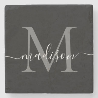 Zwart Zilver Grijs Monogram Vrouwelijk Script Naam Stenen Onderzetter