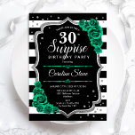 Zwart Zilver Groen Verrassing 30e Verjaardag Kaart<br><div class="desc">Verrassing 30e verjaardag feestuitnodiging. Vrouwelijk zwart,  wit en smaragdgroen ontwerp met faux glitter zilver. Beschikt over zwart-witte strepen,  rozen,  script lettertype en confetti. Perfect voor een elegante viering van een vrouwendag. Kan worden gepersonaliseerd om elke leeftijd te shows. Gedrukte Zazzle-uitnodigingen of direct download digitale afdrukbare sjabloon.</div>