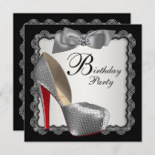Zwart & Zilver Hoge Hak Schoen Verjaardagsfeest Kaart (Voorkant / Achterkant)