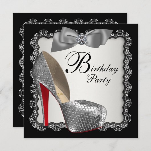 Zwart & Zilver Hoge Hak Schoen Verjaardagsfeest Kaart (Voorkant / Achterkant)