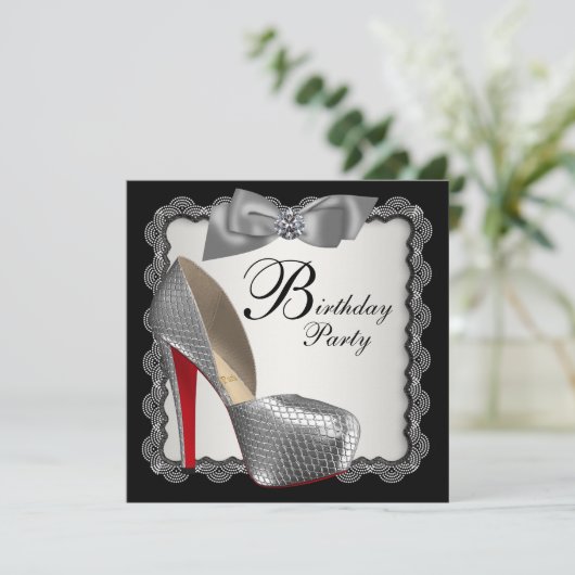 Zwart & Zilver Hoge Hak Schoen Verjaardagsfeest Kaart (Staand voorkant)