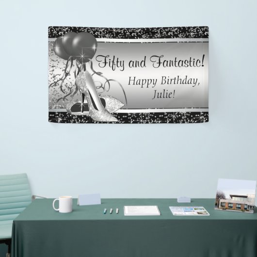 Zwart Zilver Hoge Hak Schoen Verjaardagsfeest Spandoek (Beurs)