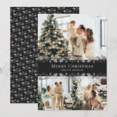 Zwart Zilver Holly Elegante Foto Vrolijk Kerstfees Feestdagenkaart (Voorkant / Achterkant)