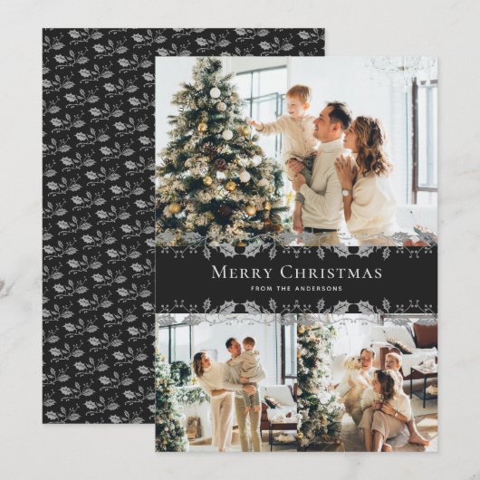 Zwart Zilver Holly Elegante Foto Vrolijk Kerstfees Feestdagenkaart (Voorkant / Achterkant)