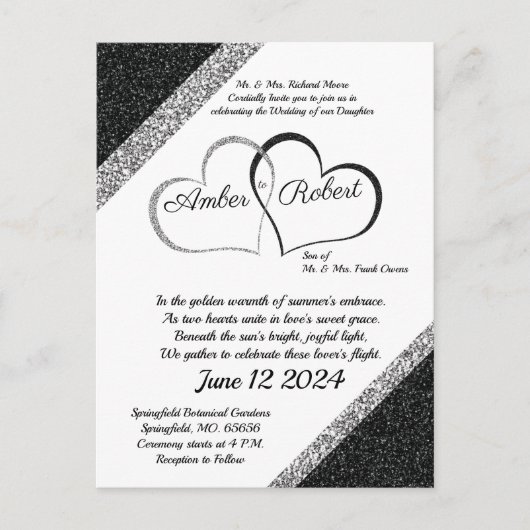 Zwart & Zilver Huwelijksuitnodiging met Hartgedich Aankondigingskaart (Voorkant)