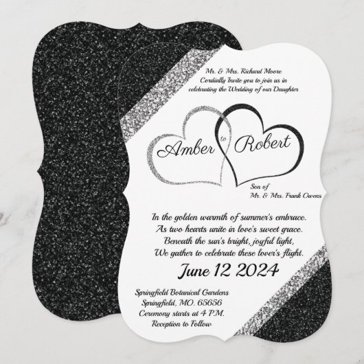 Zwart & Zilver Huwelijksuitnodiging met Hartgedich Save The Date (Voorkant / Achterkant)