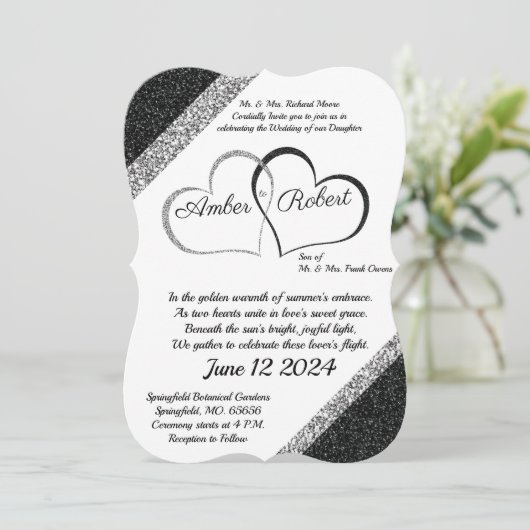 Zwart & Zilver Huwelijksuitnodiging met Hartgedich Save The Date (Staand voorkant)