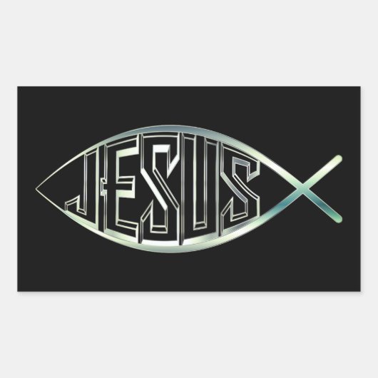 Zwart & Zilver Ichthys Christelijke Vis Jesus Chri Rechthoekige Sticker (Voorkant)