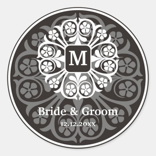 Zwart Zilver Initiaal M Monogram Seal Party Favor Ronde Sticker (Voorkant)