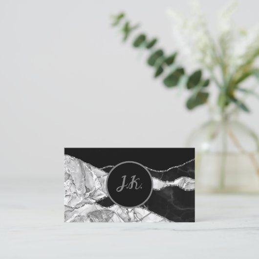 Zwart Zilver Initialen Agaat Glam Marmer Visitekaartje (Staand voorkant)