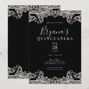 Zwart & Zilver Kant Elegant Quinceañera Feest Kaart
