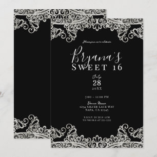 Zwart & Zilver Kant Elegant Sweet 16 Feestje Kaart